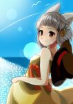 absurdres animal_ears bangs blunt_bangs breasts cat_ears dress_swimsuit facial_mark hat highres nia_(xenoblade) nightwitch9612 ocean short_hair silver_hair small_breasts sunlight swimsuit xenoblade_chronicles_(series) xenoblade_chronicles_2 yellow_eyes yellow_swimsuit 