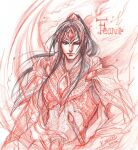  1boy armor breastplate character_name circlet closed_mouth dated feanor kazuki-mendou looking_at_viewer male_focus monochrome one-hour_drawing_challenge pointy_ears ponytail red_theme signature silmarillion solo sword traditional_media weapon 