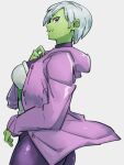  1girl amor ass bodysuit cheelai colored_skin dragon_ball dragon_ball_super dragon_ball_super_broly green_skin grey_background jacket kemachiku long_sleeves looking_at_viewer profile purple_bodysuit purple_eyes purple_jacket short_hair simple_background smile solo white_hair 