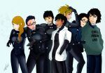  1girl 6+boys arm_around_neck arms_behind_back beard black_hair blonde_hair blue_background bodysuit brown_eyes dark_skin dark_skinned_male facial_hair gantz glasses green_eyes grin hairband hands_in_pockets highres hood hoodie messy_hair multiple_boys one_eye_closed pose signature smile source_request spanish_text work_in_progress 