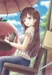  1girl :d aramachi bag bangs blue_sky blush breasts brown_hair chair cloud cup denim disposable_cup drinking_glass handbag highres holding holding_cup idolmaster idolmaster_cinderella_girls jeans long_hair mascot medium_breasts open_mouth outdoors pants purple_eyes ringorou_(idolmaster) shirt short_sleeves sitting sky smile smoothie table tree tsujino_akari umbrella white_shirt wristband 