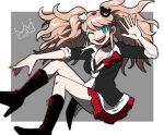  1girl :d bangs bear_hair_ornament black_footwear black_neckwear black_shirt blonde_hair blue_eyes boots border bow breasts choker cleavage commentary_request crown_print danganronpa:_trigger_happy_havoc danganronpa_(series) enoshima_junko from_side furukawa_(yomawari) hair_ornament hand_up highres knee_boots long_hair looking_at_viewer medium_breasts nail_polish necktie one_eye_closed open_mouth pleated_skirt red_bow red_nails red_skirt school_uniform shirt skirt sleeves_rolled_up smile solo teeth twintails upper_teeth white_border white_neckwear 