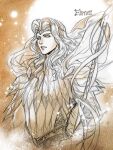  1boy armor bangs banner breastplate circlet closed_mouth dated eonwe highres kazuki-mendou limited_palette long_hair male_focus one-hour_drawing_challenge parted_bangs pointy_ears signature silmarillion solo traditional_media upper_body 