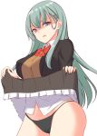  1girl aqua_eyes aqua_hair black_panties blazer bow bowtie breasts brown_jacket brown_skirt cameltoe cardigan cowboy_shot frilled_skirt frills gesugao green_hair hair_ornament hairclip jacket kantai_collection large_breasts lifted_by_self long_hair panties pleated_skirt red_neckwear remodel_(kantai_collection) school_uniform skirt skirt_lift solo suzuya_(kancolle) tokyo_yamane underwear 