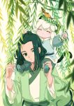  2boys absurdres animal_ears animal_on_head bird bird_on_head black_hair blue_eyes blush carrying cat_boy cat_ears cat_tail closed_eyes green_theme highres kisumi_rei leaf long_hair long_sleeves luoxiaohei multiple_boys on_head plant short_hair shoulder_carry signature tail the_legend_of_luo_xiaohei upper_body white_hair wuxian_(the_legend_of_luoxiaohei) 