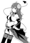  1girl ahoge bare_shoulders bow bowtie breasts demon_girl demon_horns demon_tail detached_collar detached_sleeves fang frills garter_straps greyscale hands_on_hips highres horns long_hair long_sleeves looking_at_viewer machikado_mazoku medium_breasts midriff mikazuchi_zeus monochrome navel panties revealing_clothes sidelocks smile solo stomach tail tail_raised thighhighs thighs underwear v-shaped_eyebrows waist_cape wide_sleeves yoshida_yuuko_(machikado_mazoku) 