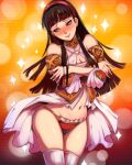  1girl absurdres alternate_costume amagi_yukiko bangs bare_shoulders blue_eyes blunt_bangs blurry blush bokeh breasts brown_hair cleavage closed_mouth commentary_request cowboy_shot crossed_arms depth_of_field detached_sleeves dress embarrassed frilled_panties frills gradient gradient_background groin hairband happy head_tilt high-cut_armor highres hime_cut long_hair looking_away looking_to_the_side medium_breasts navel nose_blush orange_background panties persona persona_4 persona_4_the_golden red_hairband red_panties red_sleeves revision ribbed_legwear shiny shiny_skin skindentation sleeveless sleeveless_dress smile solo sparkle standing stomach thighhighs thighs toasty_scones underwear wavy_mouth white_dress white_legwear 