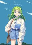  1girl alternate_costume bag blue_sky buttons contemporary denim denim_shorts frog frog_hair_ornament green_hair hair_ornament hair_tubes handbag highres jichou_senshi keychain kochiya_sanae long_sleeves outdoors patches pyonta_ornament shorts sky sleeves_past_wrists snake snake_hair_ornament sweater touhou turtleneck white_sweater 