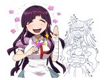  3girls :d apron bandaged_arm bandages bangs black_nails blood blunt_bangs blush breasts cat_hair_ornament closed_eyes commentary_request cowboy_shot cropped_torso crying danganronpa_(series) danganronpa_2:_goodbye_despair doodle flower furukawa_(yomawari) hair_horns hair_ornament hand_up hands_clasped happy highres holding large_breasts long_hair mioda_ibuki mole mole_under_eye multiple_girls nail_polish notice_lines nurse open_mouth own_hands_together pink_blood pink_shirt puffy_short_sleeves puffy_sleeves purple_hair saionji_hiyoko scared shirt short_sleeves simple_background skirt smile solo_focus spoilers syringe tsumiki_mikan white_apron white_background 