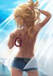  1girl absurdres ass back belt blonde_hair blue_shorts blue_sky blush bracelet breasts curtains cutoffs denim denim_shorts eyebrows_visible_through_hair eyes_visible_through_hair fate/apocrypha fate_(series) green_eyes highres holding holding_hair jewelry looking_at_viewer looking_back medium_hair micro_shorts mordred_(fate) mordred_(fate)_(all) necklace scrunchie short_shorts shorts sideboob sidelocks sky solo tomboy tonee topless underbutt upper_body 