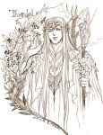  1boy character_name dated graphite_(medium) greyscale hand_up head_wreath holding holding_staff kazuki-mendou long_hair looking_at_viewer male_focus monochrome one-hour_drawing_challenge parted_lips pointy_ears robe signature solo staff the_hobbit thranduil traditional_media very_long_hair 