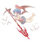  1girl absurdres alucard_pie barefoot bat_wings blue_hair blue_skirt brooch flying frills hat hat_ribbon highres jewelry miniskirt mob_cap navel pink_shirt red_eyes remilia_scarlet ribbon ribbon_trim shirt short_hair skirt sleeveless spear_the_gungnir touhou wings 