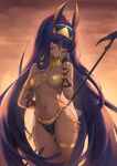  1girl absurdres animal_ears arm_behind_back backlighting bangs bare_shoulders bikini black_bikini blush bracelet breasts bridal_gauntlets chain dark_skin dark_skinned_female earrings egyptian facepaint facial_mark fate/grand_order fate_(series) gold_bikini hair_between_eyes hairband high_ponytail highres hoop_earrings jackal_ears jewelry long_hair looking_at_viewer medium_breasts mismatched_bikini navel nitocris_(fate) one_eye_closed open_mouth purple_eyes purple_hair sidelocks smile solo staff swimsuit thighlet tonee twilight usekh_collar very_long_hair 