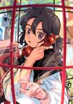  1boy black_hair bracelet braid braided_ponytail dated highres holding holding_phone jewelry kisumi_rei lanxi_zhen leaf long_hair long_sleeves looking_at_viewer male_focus phone phone_booth purple_eyes signature solo the_legend_of_luo_xiaohei tree upper_body xuan_li_(the_legend_of_luoxiaohei) 