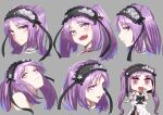  1girl bangs blush breasts chibi closed_mouth collarbone dress euryale_(fate) expression_chart fate/hollow_ataraxia fate_(series) frilled_hairband frills hairband long_hair looking_at_viewer minami_koyogi multiple_views open_mouth parted_bangs parted_lips purple_eyes purple_hair riyo_(lyomsnpmp)_(style) sidelocks small_breasts smile twintails very_long_hair white_dress 