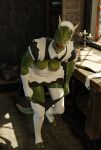  2021 3d_(artwork) anthro argonian bethesda_softworks biceps blender_(software) breasts clothing detailed_background digital_media_(artwork) feet female furniture green_body green_scales happy headgear headwear hi_res horn inside legwear looking_at_viewer maid_uniform mitts nipples non-mammal_breasts open_mouth panties portrait scales scalie solo spiked_tail spikes spikes_(anatomy) stockings teeth the_elder_scrolls threedeedude toes tongue triceps underwear undressing uniform video_games 