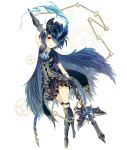  1girl alice_(sinoalice) blue_hair blush boots cape chain chibi feathered_cape feathers gears gloves hair_over_one_eye hat knee_boots legband looking_at_viewer moo_alice_moo open_mouth polearm puffy_short_sleeves puffy_sleeves red_eyes short_hair short_sleeves sinoalice solo tattoo weapon white_background 