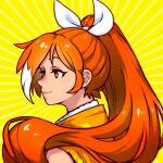  1girl akairiot crunchyroll emphasis_lines hair_ribbon halftone hime_(crunchyroll) long_hair orange_eyes orange_hair orange_shirt ponytail ribbon shirt smile solo upper_body white_ribbon yellow_background 