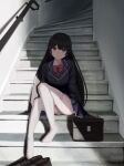  1girl bangs black_hair blazer blue_eyes bow bowtie footwear_removed hair_ornament hairclip highres jacket loafers long_hair nijisanji pink_bow pink_neckwear plaid plaid_skirt school_briefcase school_uniform shoes sitting sitting_on_stairs skirt smile solo stairs stairwell thighhighs tsukino_mito very_long_hair virtual_youtuber white_legwear yy_(yu-ri16) 