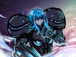  1girl akairiot arm_cannon blue_hair colored_skin dark_samus grey_skin hand_up long_hair metroid parted_lips power_armor samus_aran sharp_teeth smile solo teeth upper_body weapon 