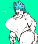  amad_no_moto anthro big_breasts blue_eyes blue_hair breasts canid canine clothed clothing cyan_background female fur hair huge_breasts mammal simple_background solo white_body white_fur 