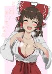  1girl absurdres ahoge bangs blush bow breasts brown_hair cleavage commentary_request cookie_(touhou) eyebrows_visible_through_hair fanning_self frilled_bow frilled_hair_tubes frills hair_bow hair_tubes hakurei_reimu heart_ahoge highres hot japanese_clothes kanna_(cookie) large_breasts long_hair looking_at_viewer miko open_mouth pink_background red_bow remote_controller_4 solo sweat touhou translation_request two-tone_background upper_body white_background 