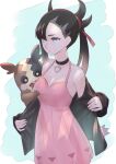  1girl :d absurdres asymmetrical_bangs bangs bare_shoulders black_choker black_hair black_jacket blue_background blue_eyes breast_grab breasts choker cleavage closed_mouth commentary crimson_(cxrss377) dress expressionless gen_8_pokemon grabbing hair_ribbon highres jacket long_hair long_sleeves looking_at_breasts looking_down looking_to_the_side marnie_(pokemon) morpeko morpeko_(full) mouth_drool open_clothes open_jacket open_mouth pink_dress pokemon pokemon_(creature) pokemon_(game) pokemon_swsh red_ribbon removing_jacket ribbon sleeveless sleeveless_dress small_breasts smile standing twintails two-tone_background undercut undressing upper_teeth white_background 