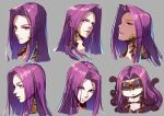  1girl bangs bare_shoulders breasts chibi cleavage closed_mouth expression_chart fate/grand_order fate_(series) forehead gorgon_(fate) large_breasts long_hair looking_at_viewer minami_koyogi monster_girl multiple_views parted_bangs parted_lips purple_eyes purple_hair riyo_(lyomsnpmp)_(style) scales sidelocks snake_hair very_long_hair 