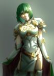  1girl aduti_momoyama armor blurry bob_cut boots breastplate cape covered_navel depth_of_field dithorba_(fire_emblem) dress expressionless fire_emblem fire_emblem:_genealogy_of_the_holy_war fire_emblem_heroes gold_trim green_cape green_eyes green_hair grey_background groin highres looking_at_viewer pegasus_knight short_dress shoulder_armor simple_background solo thigh_boots thighhighs turtleneck white_armor white_dress white_footwear 