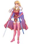  1girl akirannu armor blonde_hair boots cape fingerless_gloves fire_emblem fire_emblem:_genealogy_of_the_holy_war full_body gloves highres holding holding_weapon lachesis_(fire_emblem) long_hair red_eyes shoulder_armor skirt smile sword thigh_boots thighhighs weapon white_background 