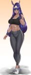  1girl abs alternate_costume animal_ears black_tank_top blush breasts dark_skin dark_skinned_female fate/grand_order fate_(series) full_body grey_pants jackal_ears large_breasts long_hair navel nitocris_(fate) pants purple_eyes purple_hair shoes smile sneakers sweatband sweatpants tank_top tomliat toned twintails white_footwear 