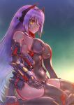  1girl breasts covered_navel elbow_gloves fukadumeasadume gloves gradient gradient_background highres large_breasts leotard long_hair orange_eyes poppi_(xenoblade) poppi_qtpi_(xenoblade) purple_hair sitting smile thighhighs wariza xenoblade_chronicles_(series) xenoblade_chronicles_2 