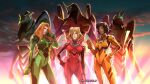  3girls absurdres adapted_uniform alex_(totally_spies) blonde_hair bodysuit breasts brown_hair clover_(totally_spies) crossover dark_skin dark_skinned_female green_bodysuit hair_ornament hand_on_hip highres long_hair mecha medium_breasts multiple_girls neon_genesis_evangelion pilot_suit plugsuit red_bodysuit red_hair sam_(totally_spies) sara_kinnaly short_hair souryuu_asuka_langley totally_spies yellow_bodysuit 