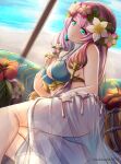  1girl bangs beach bikini breasts clear_glass_(mildmild1311) cleavage coconut day drinking_straw earrings eyebrows_visible_through_hair fire_emblem fire_emblem_heroes food fruit fruit_cup gunnthra_(fire_emblem) head_wreath highres jewelry large_breasts long_hair looking_at_viewer lying multicolored_hair on_side pink_hair sarong solo swimsuit twitter_username 