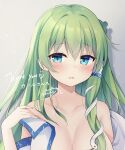  1girl bangs bare_shoulders blue_eyes blush breasts cleavage collarbone commentary_request commission eyebrows_visible_through_hair frog_hair_ornament green_hair hair_ornament hair_tubes hand_up highres kochiya_sanae large_breasts light_smile long_hair looking_at_viewer miy@ out-of-frame_censoring parted_lips skeb_commission snake_hair_ornament solo touhou undressing upper_body 