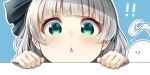  1girl :3 bangs blue_background blunt_bangs blush chibi commentary_request eyebrows_visible_through_hair face green_eyes hair_ribbon hands highres hitodama konpaku_youmu konpaku_youmu_(ghost) looking_at_viewer outline pegashi ribbon short_hair silver_hair simple_background solo touhou triangle_mouth v-shaped_eyebrows white_outline 