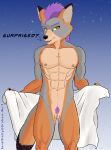  abs absurd_res andromorph anthro athletic black_body black_fur canid canine dialogue ear_tuft fur genitals graham_(artist) grey_body grey_fox grey_fur hair hi_res intersex looking_at_viewer mammal mohawk muscular muscular_intersex nipple_piercing nipples orange_body orange_fur piercing pubes purple_hair pussy signature simple_background solo tan_body tan_fur text towel tuft urocyon yellow_eyes 