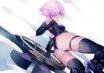  1girl armor ass bare_shoulders black_gloves black_legwear boobplate breastplate elbow_gloves fate/grand_order fate_(series) g_li gauntlets gloves greaves hair_over_one_eye high_heels looking_at_viewer mash_kyrielight open_mouth purple_eyes purple_hair shield short_hair skindentation solo thigh_strap thighhighs twisted_torso 
