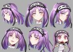  1girl bangs blush breasts chibi closed_mouth collarbone dress expression_chart fate/hollow_ataraxia fate_(series) frilled_hairband frills hairband long_hair looking_at_viewer minami_koyogi multiple_views open_mouth parted_bangs parted_lips purple_eyes purple_hair riyo_(lyomsnpmp)_(style) shaded_face sidelocks small_breasts smile stheno_(fate) twintails very_long_hair white_dress 