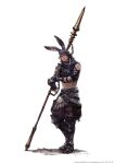  1boy animal_ears armor black_hair bunny_ears copyright crop_top final_fantasy final_fantasy_xiv fingerless_gloves full_body gloves highres looking_at_viewer medium_hair midriff navel official_art polearm simple_background spear square_enix standing stomach viera weapon 