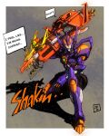  absurdres border commentary_request dynazenon_(character) english_text glowing glowing_eyes gridknight_(ssss.gridman) gridman_universe gun highres holding holding_gun holding_weapon looking_at_viewer mecha moyan no_humans orange_eyes procreate_(medium) science_fiction shadow solo speech_bubble squatting ssss.dynazenon ssss.gridman weapon white_border 