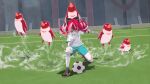  1girl ball bird bow colored_skin commentary_request double_bun grey_hair hair_bow heterochromia highres hololive hololive_indonesia inazuma_eleven_(series) jersey kneeling kureiji_ollie laing multicolored_hair parody patchwork_skin penguin red_eyes red_hair short_sleeves shorts soccer_ball soccer_field soccer_uniform sportswear stadium stitched_face stitches virtual_youtuber whistling white_hair yellow_eyes zombie 