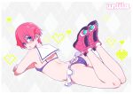  1boy :o ass blue_eyes blush commentary_request crossdressing gridman_universe hibiki_yuuta looking_back lying male_focus microskirt nagano_rira on_stomach otoko_no_ko panties red_hair short_hair skirt solo ssss.gridman underwear 