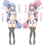  2girls :d absurdres amagi_(amagi626) arm_up armpits bangs bare_arms bare_shoulders black_legwear blue_hair blue_ribbon blunt_bangs breasts cheerleader cleavage clothes_writing commentary_request crop_top eyebrows_visible_through_hair full_body ganbare_ganbare_(itou_life) grey_footwear hair_ribbon heart highres kotonoha_akane kotonoha_aoi long_hair looking_at_viewer medium_breasts midriff miniskirt motion_lines multiple_girls navel open_mouth pink_hair pom_poms red_eyes red_ribbon ribbon siblings simple_background sisters skirt smile standing stomach thigh_gap thighhighs translation_request two-tone_skirt very_long_hair voiceroid white_background 