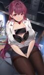  1girl bangs breasts cellphone choker cleavage collared_shirt damda fate/grand_order fate_(series) hair_intakes highres large_breasts long_hair looking_at_viewer object_on_breast office office_lady open_clothes open_shirt pantyhose pencil_skirt phone purple_hair red_eyes scathach_(fate) scathach_(fate)_(all) shirt skirt smartphone solo 