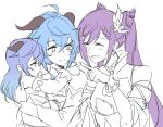  3girls ahoge bell blue_hair breasts cowbell detached_sleeves eyes ganyu_(genshin_impact) genshin_impact gloves goat_horns hair_cones horns if_they_mated keqing_(genshin_impact) long_hair medium_breasts multiple_girls negom purple_hair simple_background sketch twintails white_background 