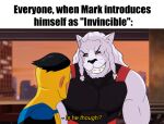  anthro armor braided_hair clothed clothing duo felid feline hair hi_res invincible_(comics) male mammal mark_grayson meme muscular muscular_anthro muscular_male seachord sharp_teeth smile superhero teeth text thokk_(invincible) 