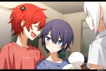  3boys aqua_eyes bandaid bandaid_on_nose blue_eyes blue_hair blue_shirt closed_eyes commentary flag fukase holding_another indoors looking_at_another male_focus minahoshi_taichi multiple_boys open_mouth point_(vocaloid) red_hair red_shirt shirt short_sleeves smile twitter_username utatane_piko vocaloid vsinger white_hair white_shirt window x zhiyu_moke 