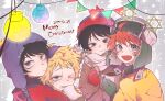  4boys beanie black_hair blonde_hair blue_eyes blue_jacket brown_jacket christmas_lights chullo craig_tucker cup fur_hat green_eyes hat holding holding_cup hot_chocolate jacket kyle_broflovski messy_hair multiple_boys orange_jacket red_hair scarf short_hair smile south_park stan_marsh tweek_tweak ushanka 