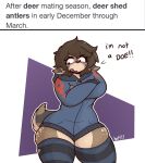  angry anthro blush cervid clothing crossed_arms english_text flin floppy_ears girly hair hetfli hi_res hoodie huge_hips huge_thighs legwear looking_away male mammal solo tail_tuft text thick_thighs thigh_highs topwear torn_clothing tuft wide_hips 